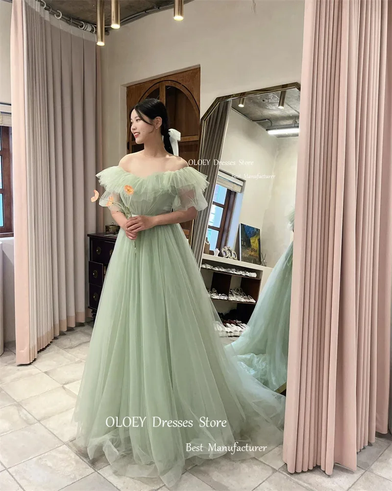 OLOEY Fairy Tulle Green Korea Wedding Party Dress Photo shoot Sleeves Tulle Prom Evening Gowns Bridal Dress Lace Up Back