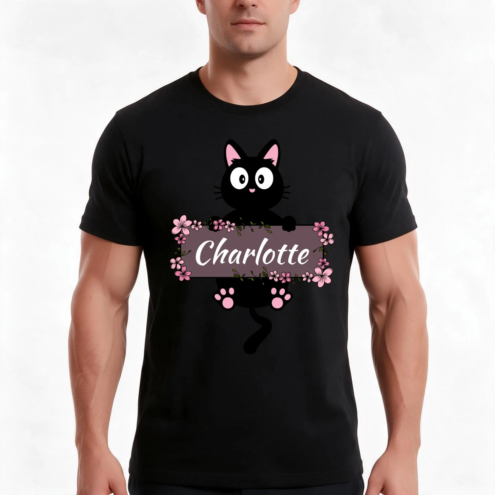 Charlotte Floral Cat Name Plate T-Shirt, Summer Casual Cotton Tee, Oversized Streetwear Tops, Vintage Graphic Print, 100% Cotton