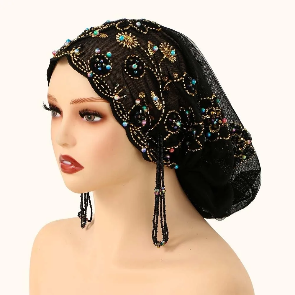 

Mesh Turban Shiny Beads Turban Hat Long Tassel Sheer Mesh Fishtail Cap Pre-tied Lightweight Indian Headscarf Religious Prayer