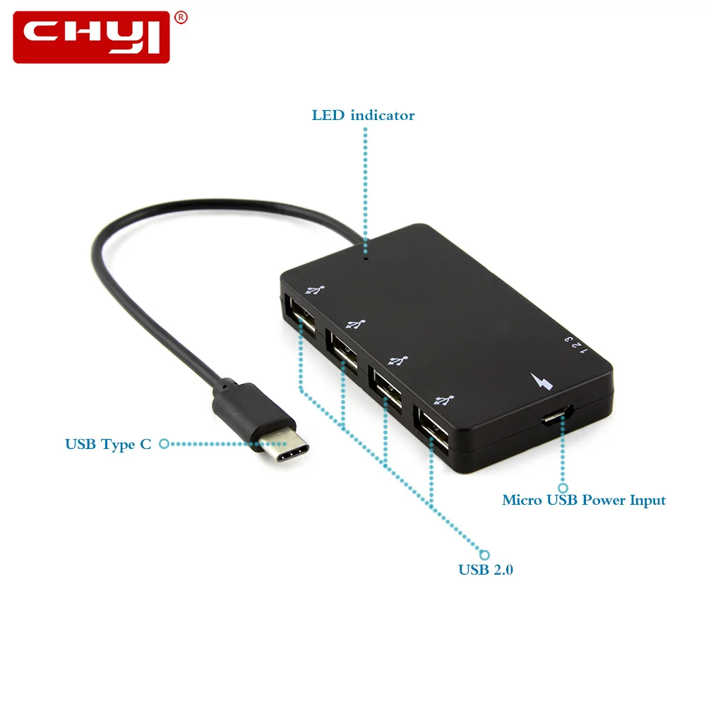 

CHYI Type C To 4 Port Usb 2.0 Hub Multi Micro OTG Usb C Hab Splitter With LED Indicator Mini PC Accessory For Macbook Smartphone