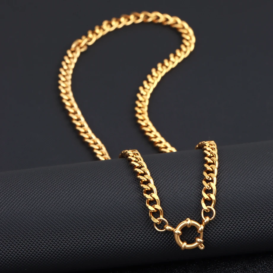 1 pc Anchor Clasp Stainless Steel Necklace for Men Women Cuban Link Chain Choker Openable Gold Color Necklaces Jewelry Gift T102