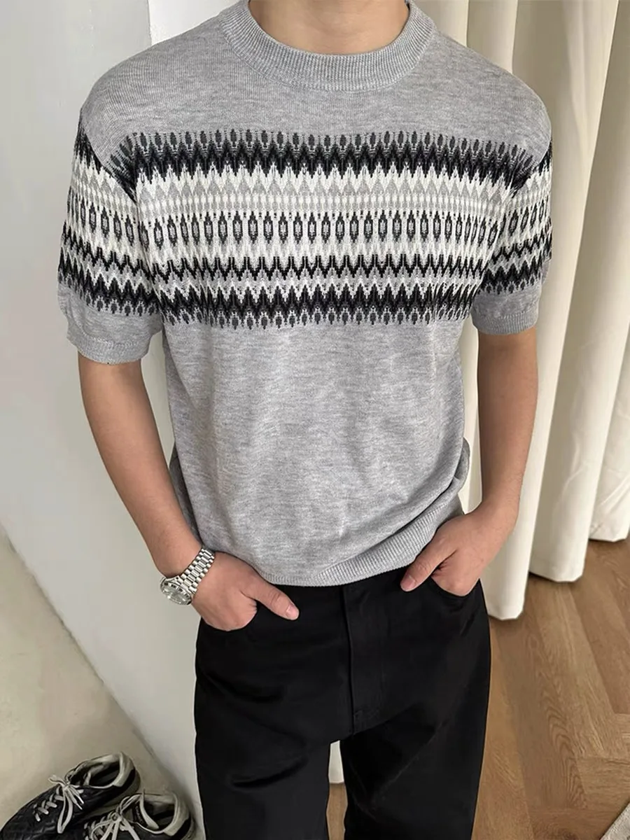 

American Retro Summer Fair Isle Knitted Short Sleeve Men's Casual Loose Fit Top Breathable Lightweight round Neck Tee