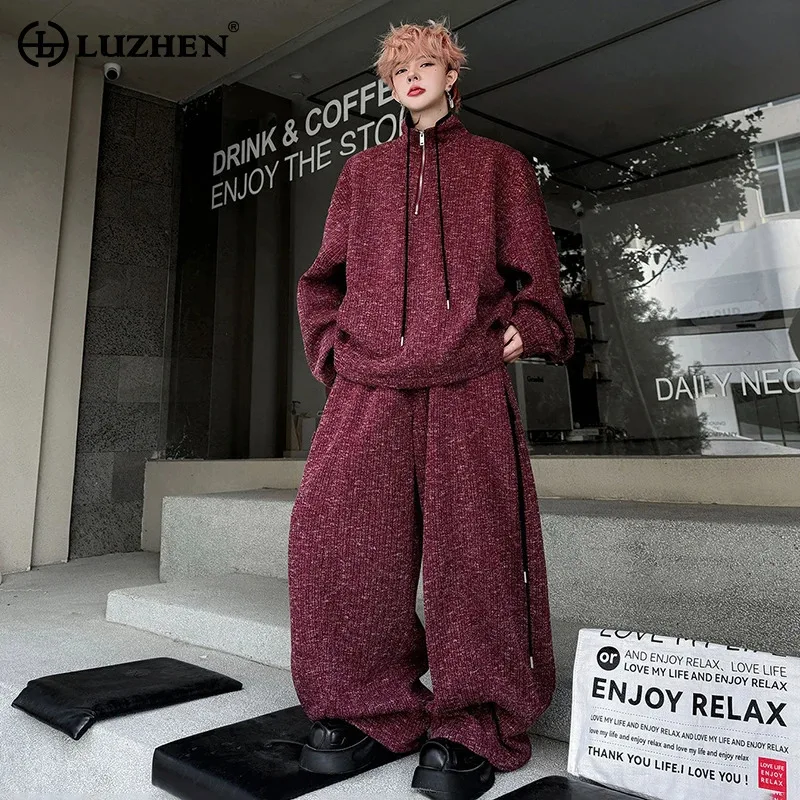 

LUZHEN 2026, весенние новые однотонные комплекты из двух предметов, мужские модные красивые уличные мешковатые прямые повседневные брюки, мужской свитшот JY5894