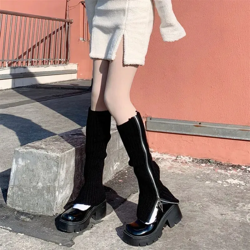 

Zipper Foot Sock Hot Girl Autumn and Winter New Women's Long Tube BootiesJKKeep Warm Color All-Match Knitted Wool Pile Styl