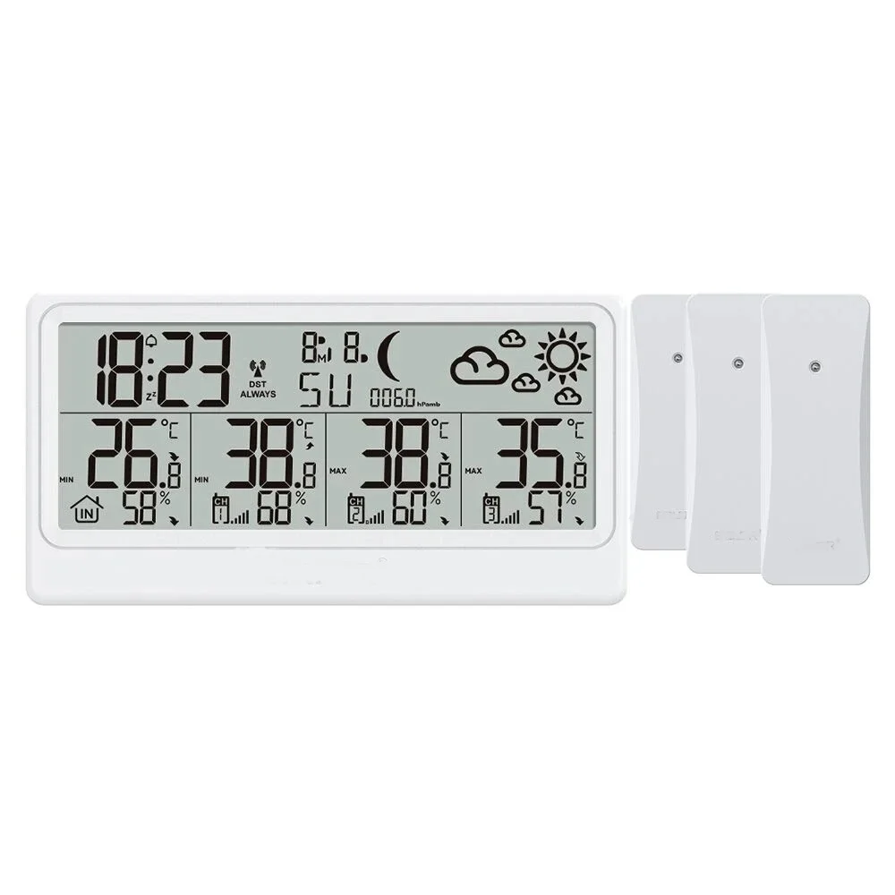 Baldr 8.5 Inch Weather Station Digital DCF Wall Table Atomic Alarm Clock Calendar Hygrometer Thermometer 3 Forecast Sensor -40°C
