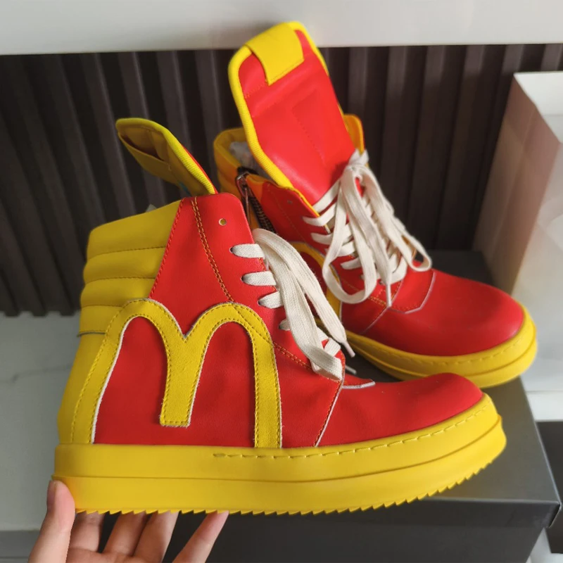 Zapatillas altas para hombre, Color rojo y amarillo, zapatos con plataforma plana, altura creciente, talla grande, botines geniales a la moda