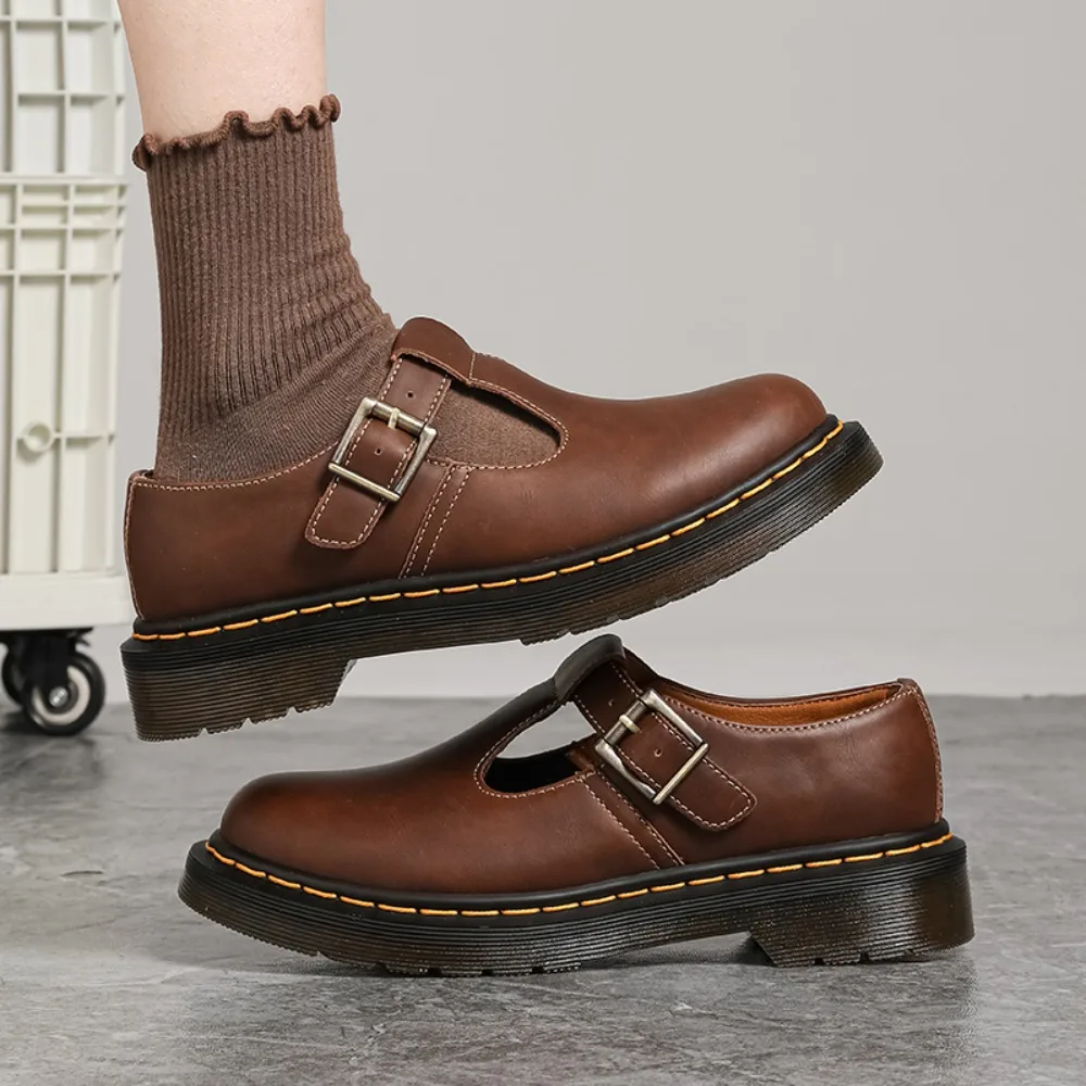 

2026 Leather Low-Top Single-Buckle T-Strap Flats Women's Casual Shoes British Style Student Fashion round Toe Flat Heel Pumps