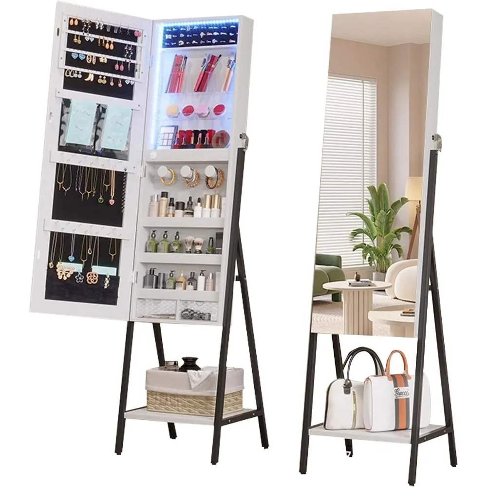 

Mirror Jewelry Cabinet Standing with LED Lights, Jewelry Armoire, Full Length Mirror with Storage for Jewelry and Cosmetics