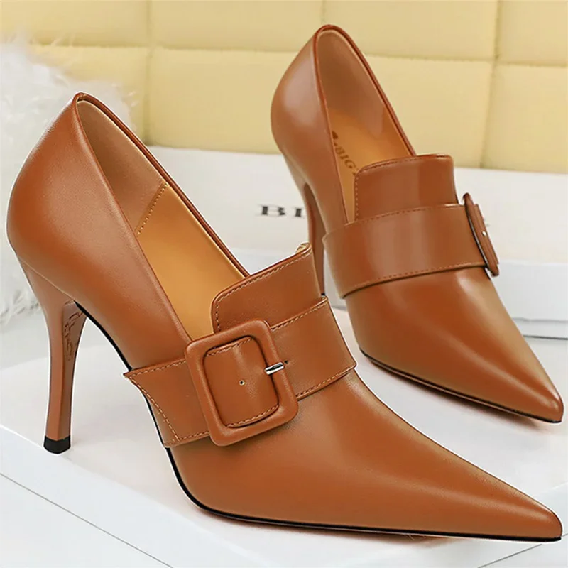 Women 10cm High Heels Pumps Belt Buckle Pointed Toe Dress Strange Heels Lady Slip On Leather Wedding Brown Luxury Office Shoes