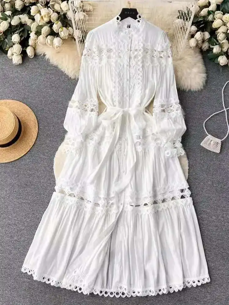 JAMERARY Elegant Summer Holiday Embroidery Dresses Shirt Women's Stand Long Lantern Sleeve Lace Up Party Loose Robe Vestidos