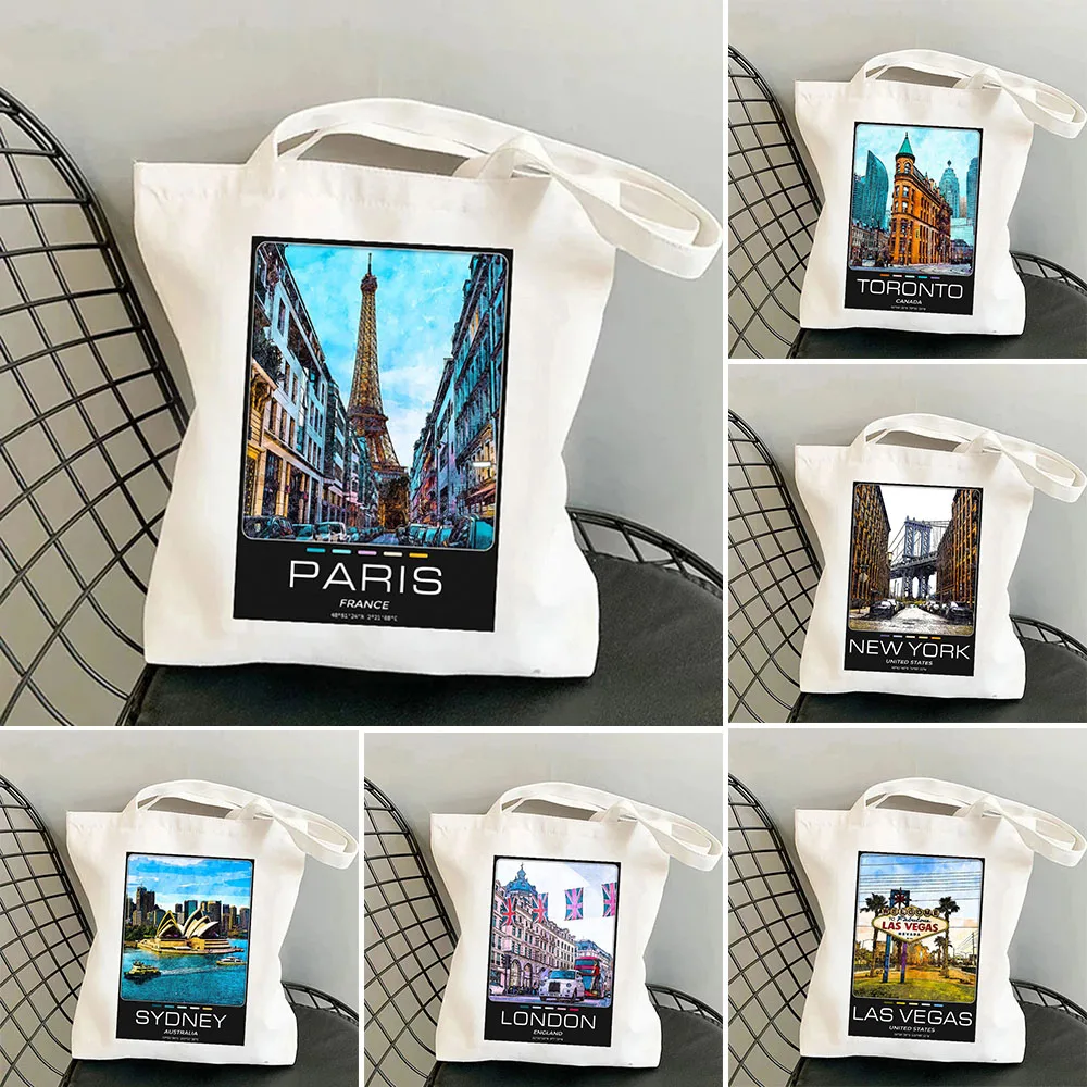 New York Paris London City Women Canvas Shoulder Bags Harajuku Handbags Totes Eco Shopper Reusable Cotton Foldable Shopping Bags