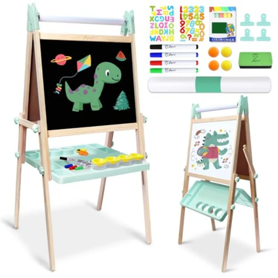 

Художественный мольберт для детей 4-8 лет, деревянный, двусторонний, магнитный, с меловой и маркерной доской, с рулоном бумаги, зеленый