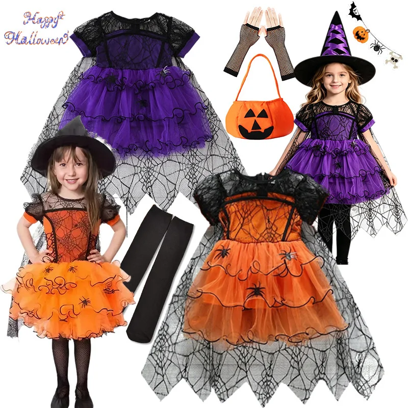 Ensemble de robe tutu de sorcière araignée pour filles, cape en maille toile d'araignée, chapeau de sorcière, gants, sac citrouille, leggings pour enfants, tenue de cosplay d'Halloween