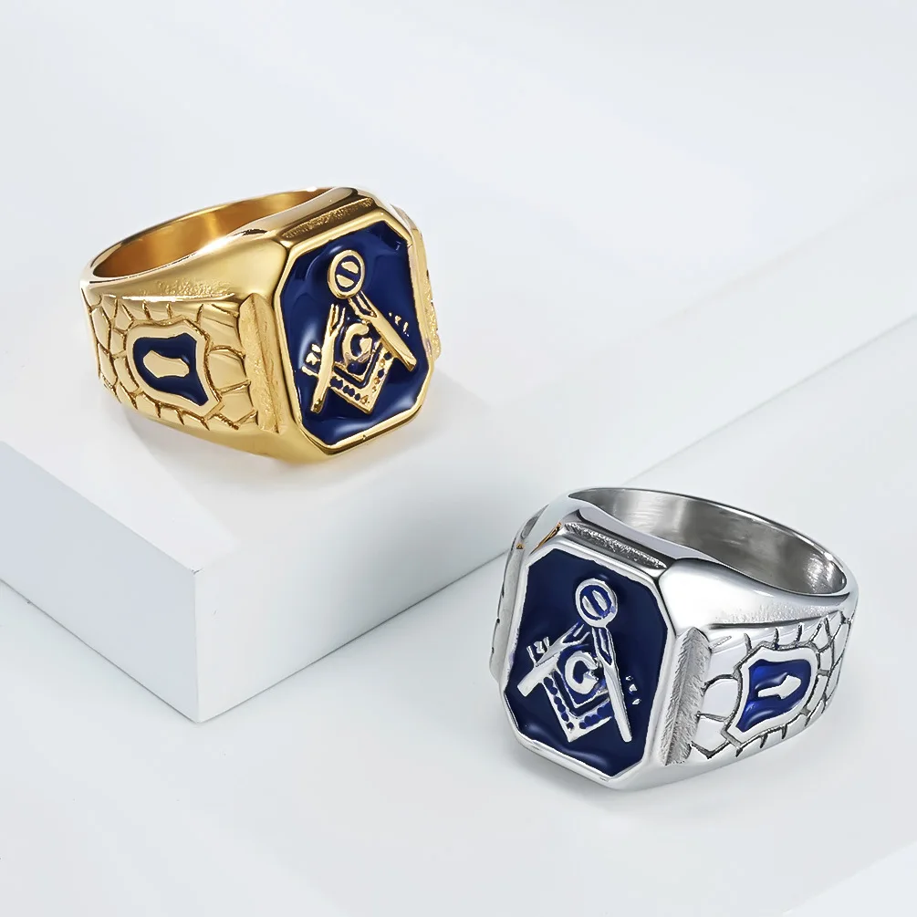 Anéis maçônicos masculinos de aço inoxidável com símbolo maçônico azul G Lodge Master Mason Signet Biker Band