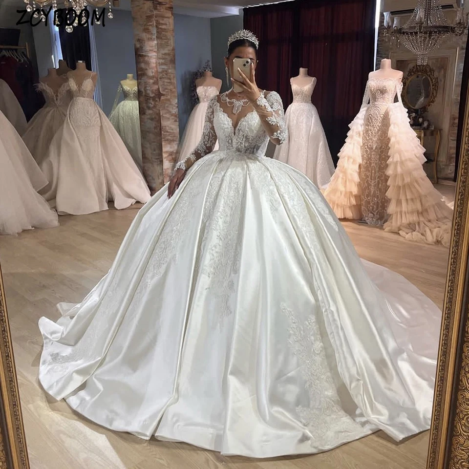 Customized O-Neck Beaded Appliques Long Sleeves Wedding Dress 2024 Ball Gown Floor Length Sweep Train Stain Lace Up Bridal Gown