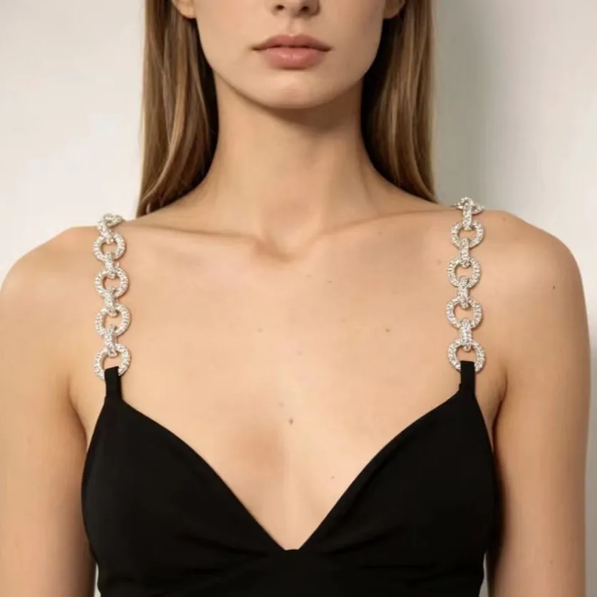Rhinestone Bra Straps for Women Sparkly Crystal Shoulder Chain Detachable Replacement Lingerie Straps Round Circle Jewelry Party