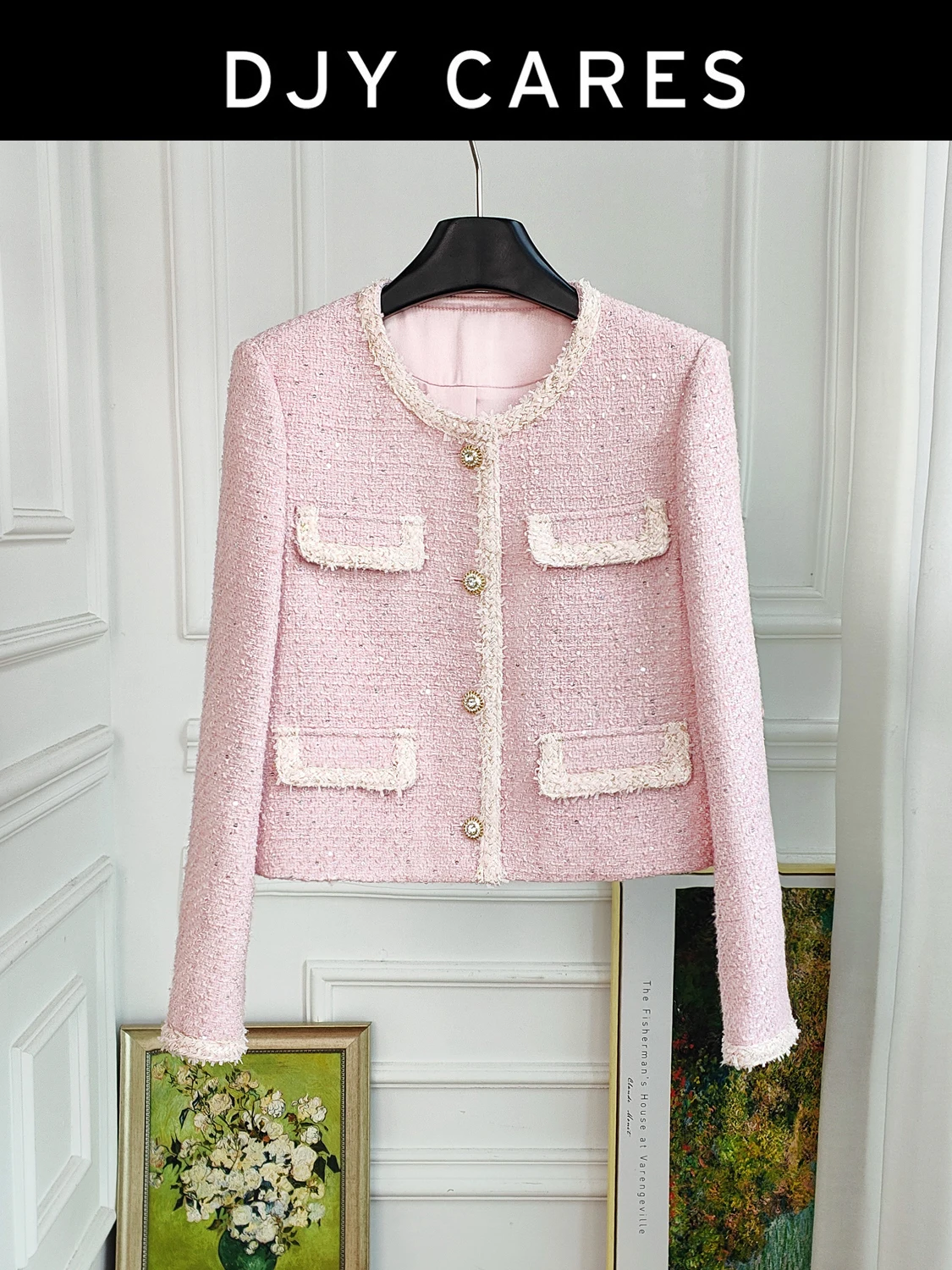 New Coarse tweed pink coat exquisite slimming top