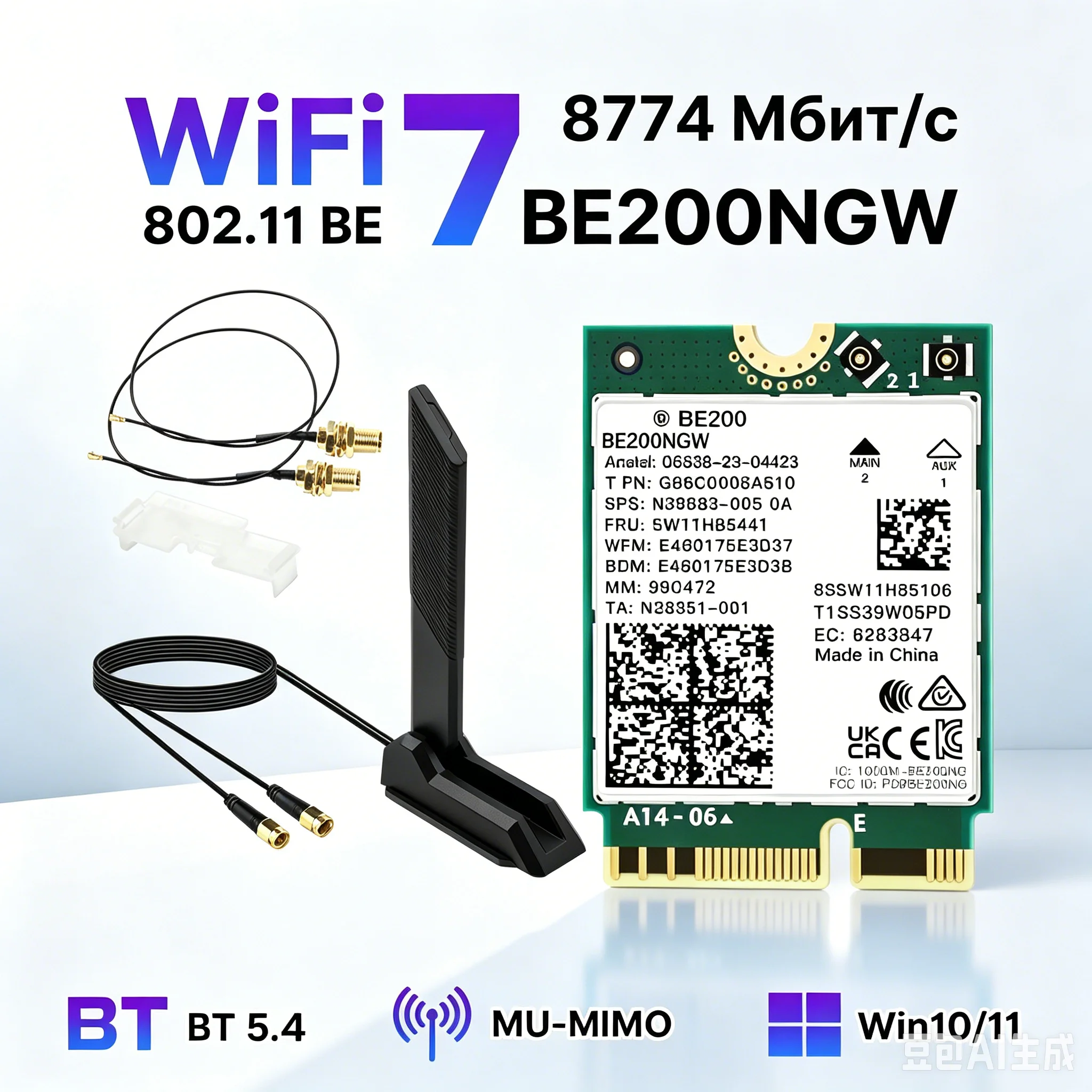 wifi-7-be200ngw-m2モジュールキット、12db外部アンテナpcbアンテナ、デュアルipex4ケーブル、クリップ、トライバンド、8774mbps、bt-54搭載、ノートパソコン用