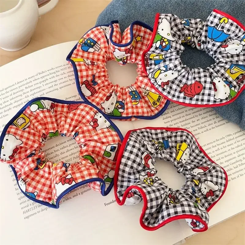 Nieuwe Sanrio Hello Kitty geruite scrunchies - schattige Kawaii haarbanden, geruite haaraccessoires cadeau voor meisjes