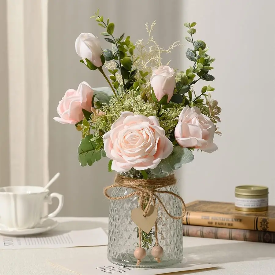 

Fake Flowers with Vase, Artificial Flowers Silk Roses Flower Bouquet in Vase, Faux Flower Arrangements,Farmhouse Table Decor,Tab