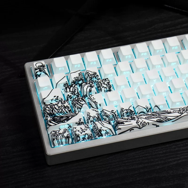 Wave of Kanagawa PBT Keycaps,129 Keys Cherry Profile Side Print Shine Through Custom Keyboard Keycaps for Mechanical Keyboards view 3