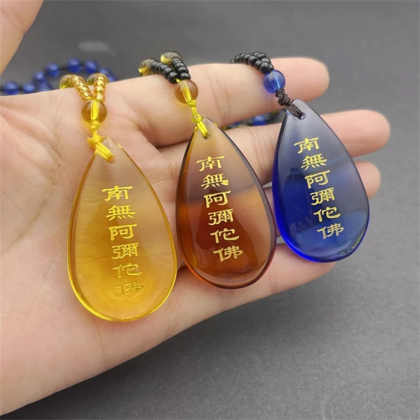 Waterdrop Crystal Pendant Necklace Nanmo Amitabha Buddha Amulet Pendant Necklace Vintage Boho WaterDrop Necklace for Unisex Girl