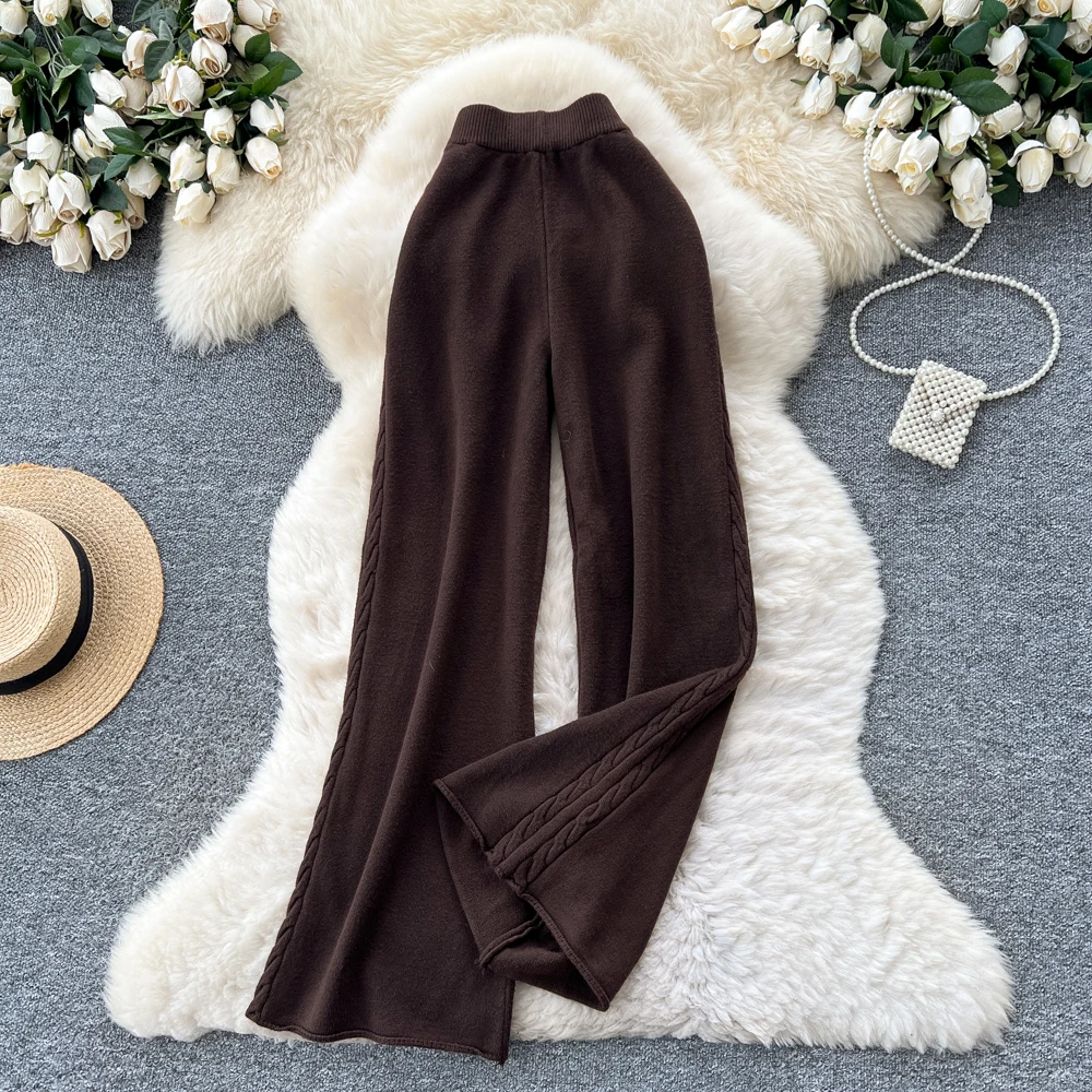 กางเกงถักเอวสูงทรงขาบาน สไตล์เกาหลี แฟชั่นวินเทจสุดหรู เสื้อผ้าสตรีทแวร์ สำหรับฤดูใบไม้ร่วงและฤดูหนาว