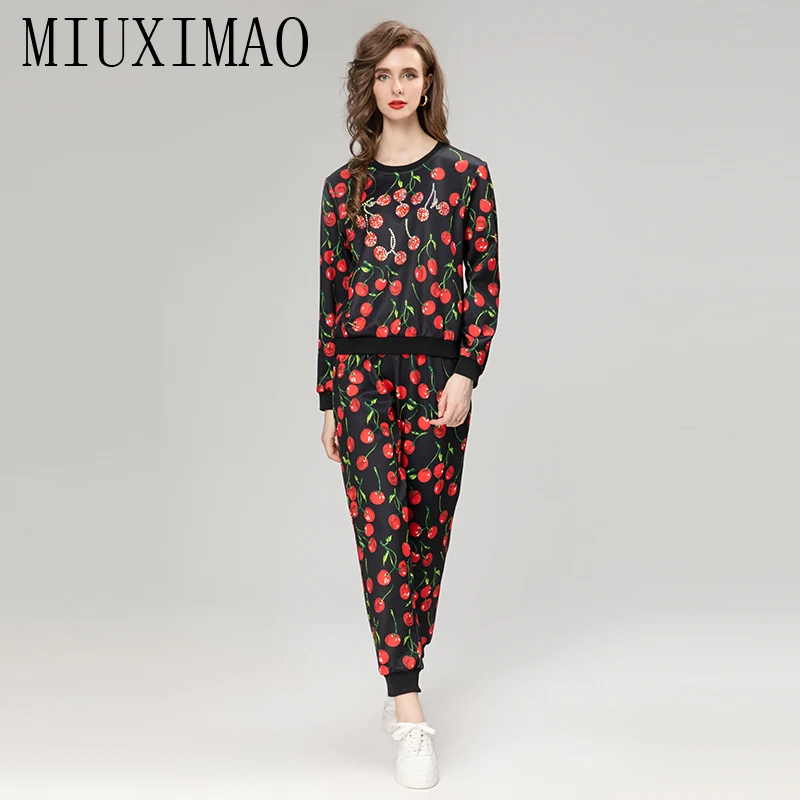 MIUXIMAO 2023 Fall sets for women 2 pieces Luxury Sicily Elegant Set Prints Cherry Top+ Slim Pants Fashion  pants sets  women