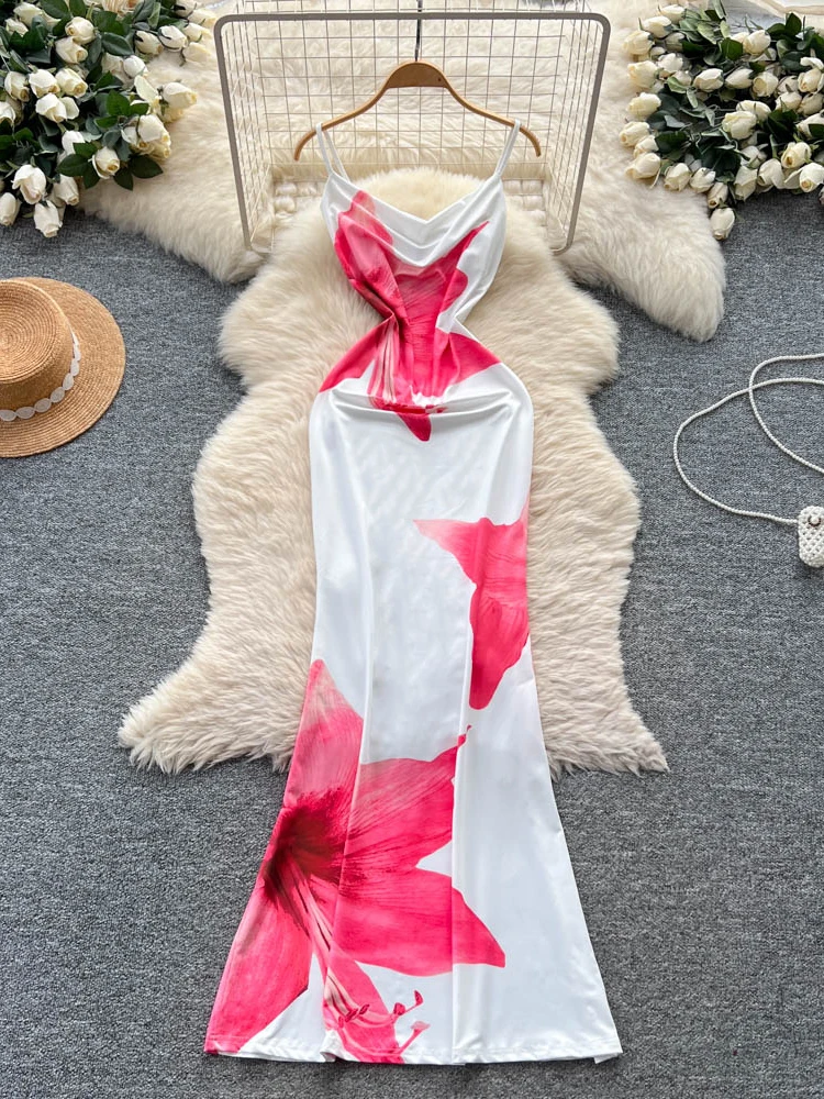 Falda larga adelgazante con tirantes Pure Desire para mujer, falda Sexy con estampado Floral ter Ne Dr, estilo coreano, cintura alta, fibra de poliéster