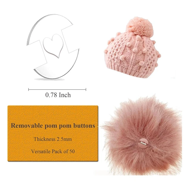 Removível Pom Poms Botões Kit para Chapéus, Pom Pom Holder, Chapéu de malha fazendo ferramentas de fixação, Pompom Holders, Button Kit, 50Pcs