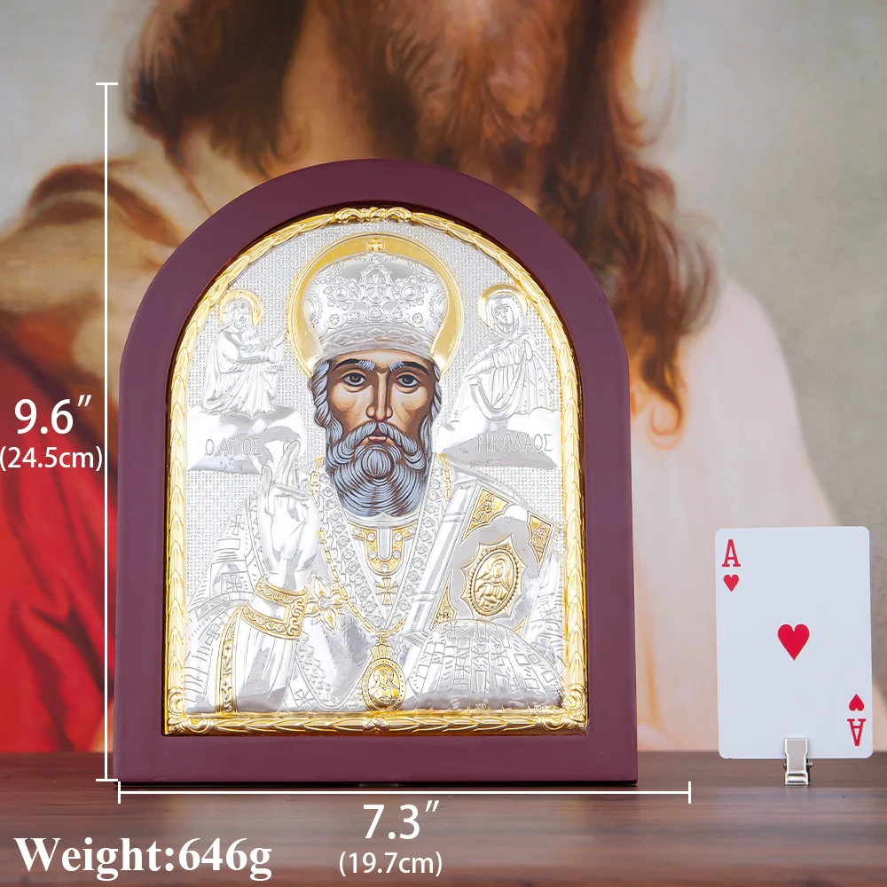 HTISOK Saint Nicholas Icon Gold Plated Zinc Alloy with Wooden Frame Religious Decor Christmas Home