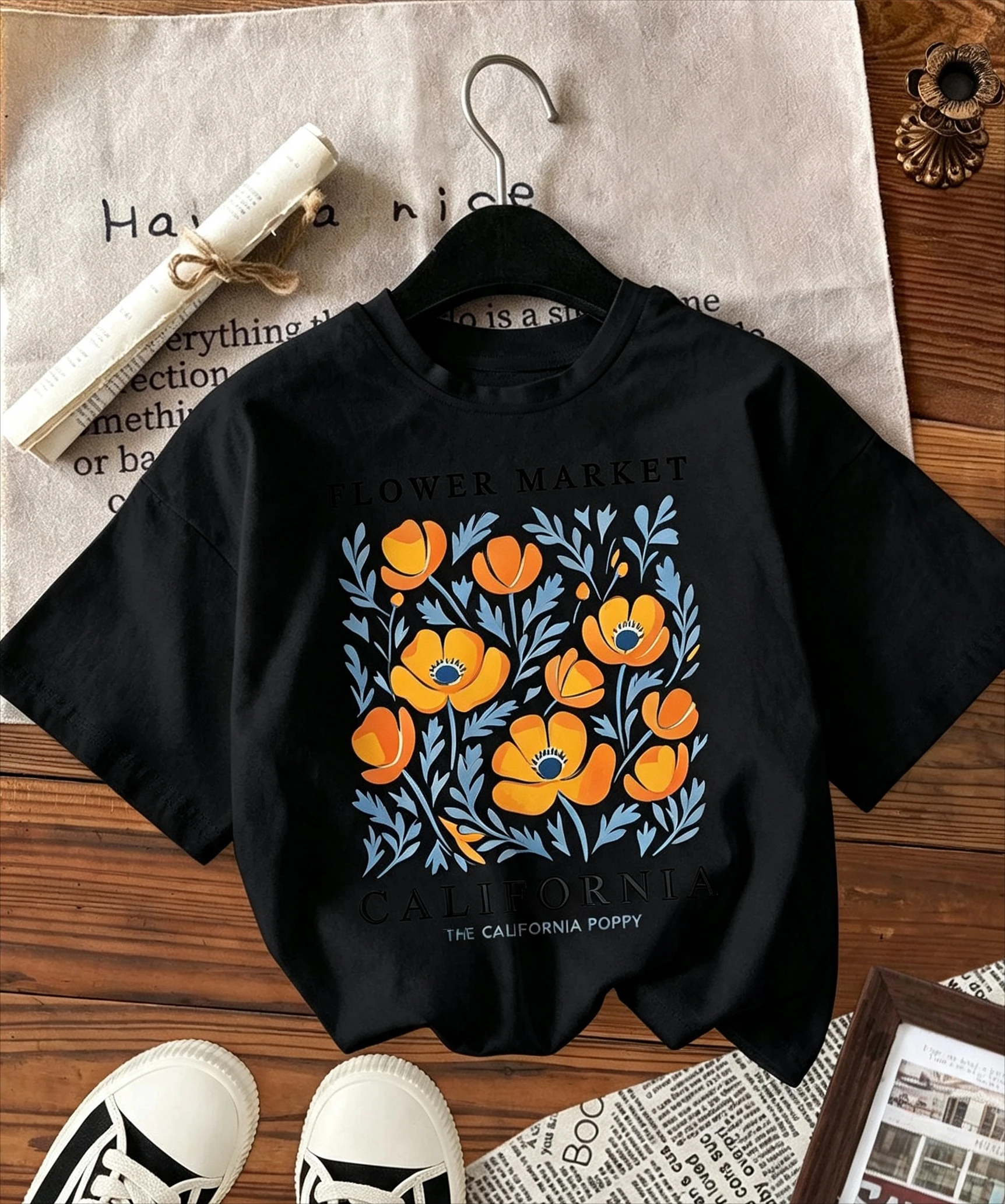 Yellow Flowers Market California Print T-Shirt Woman Soft Cotton Tee Top O-Neck Casual T Shirt Crewneck Sports Short Sleeve