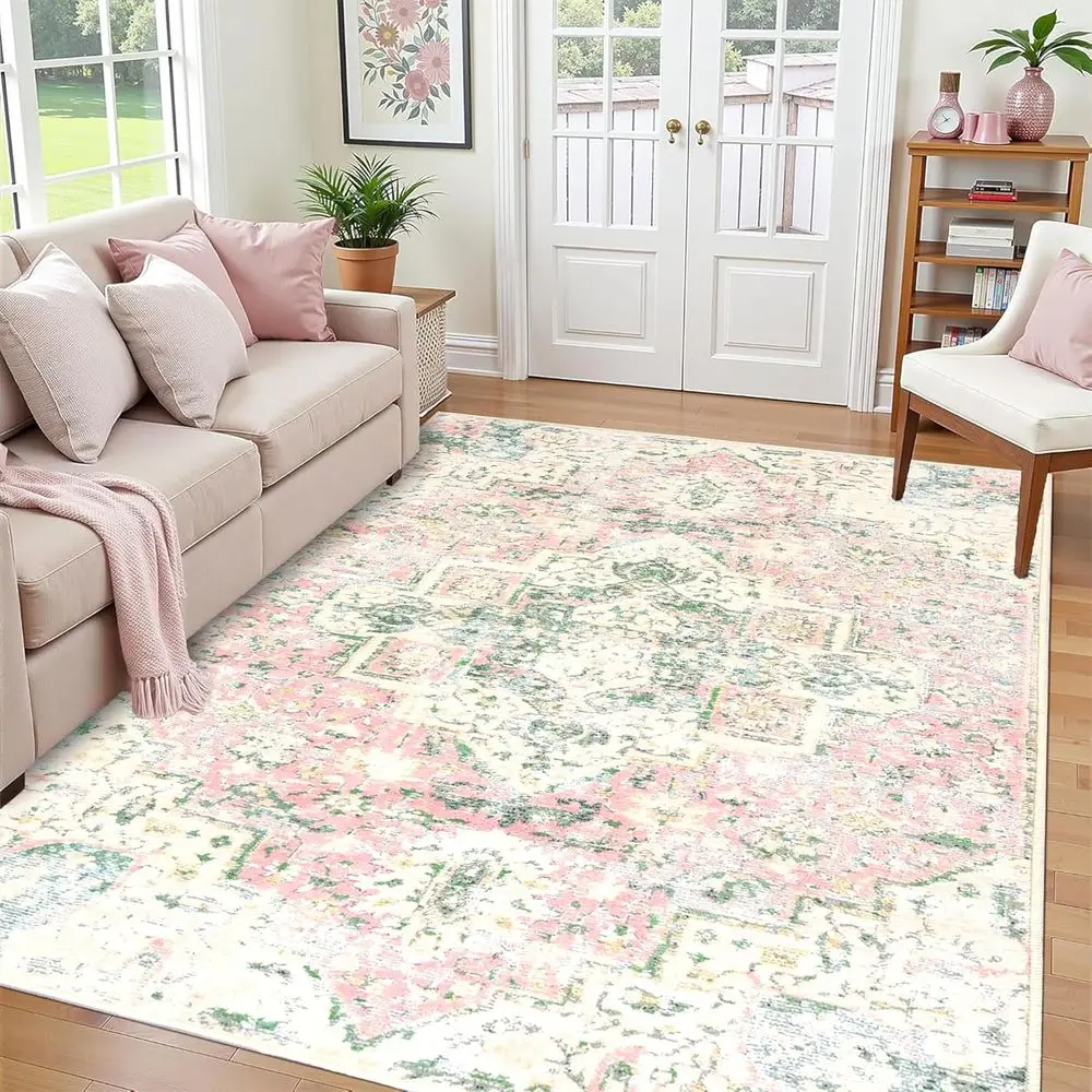 

Green & Pink Washable Area Rugs - Soft Boho Vintage Style for Girls' Bedroom, Nursery, Living & Dining Rooms