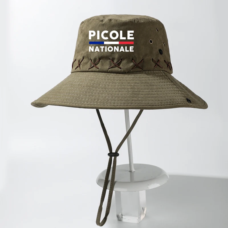 Picole Natioanle Print Outdoor Hiking Hat Men 10cm Wide Brim Sun Hat UV Protection Fishing Safari Cap Fixed WindRope Bucket Hat