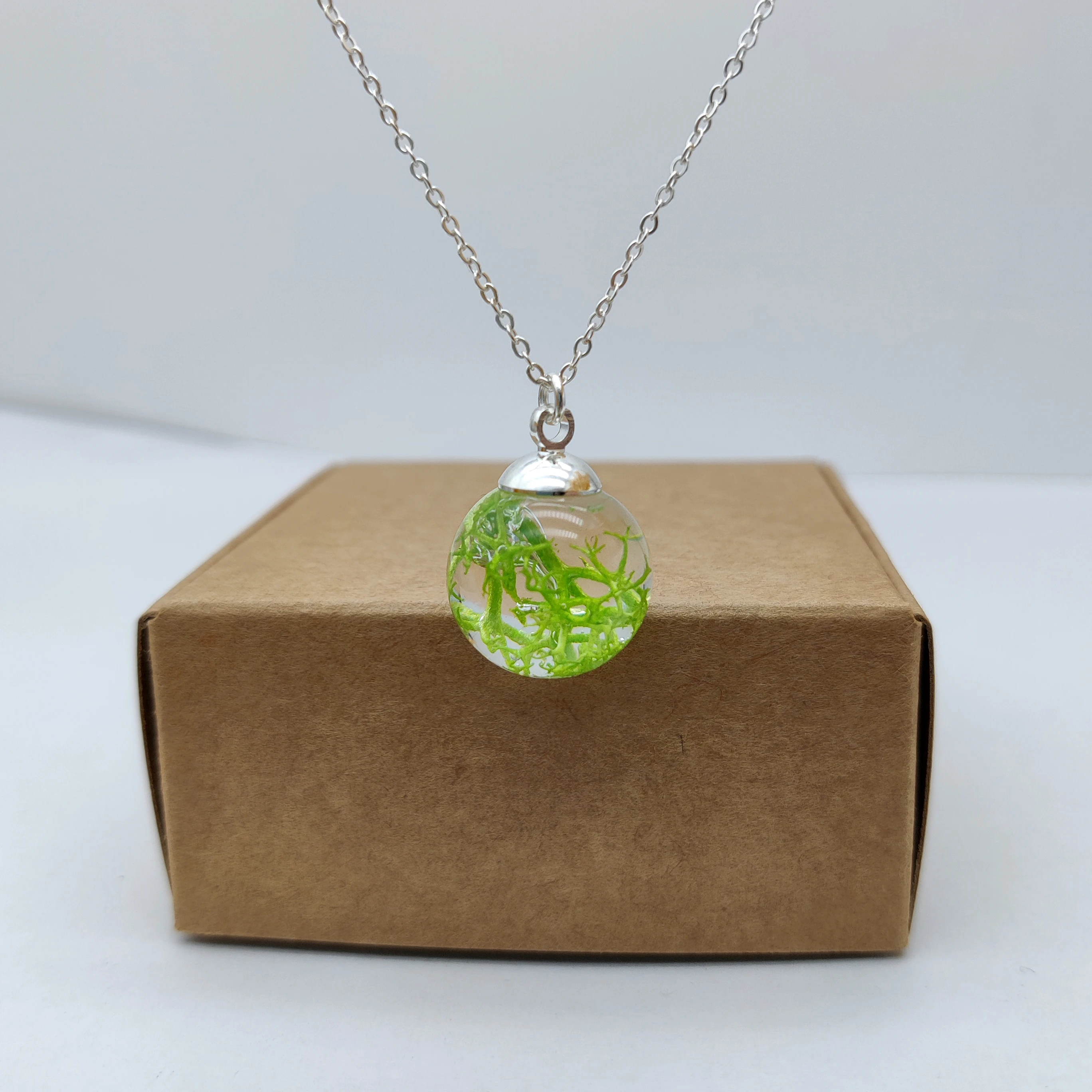 Green Moss Resin Glass Ball Pendant Sterling Silver Color Chain Necklace Women Choker Boho Fashion Jewelry Bohemian Handmade
