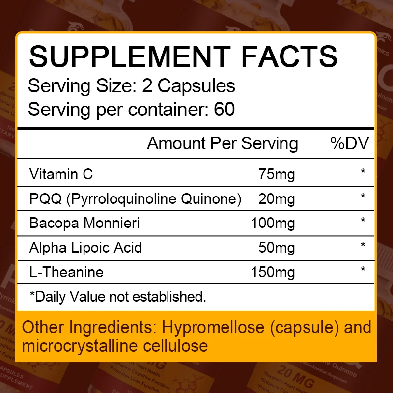 PQQ-Pyrroloquinoline Quinone, Bacopa Monnieri, حمض ألفا ليبويك ، L-TheHTYM ، يعزز الدماغ القلب ، صحة الميتوكوندريا ، 20 ملغ