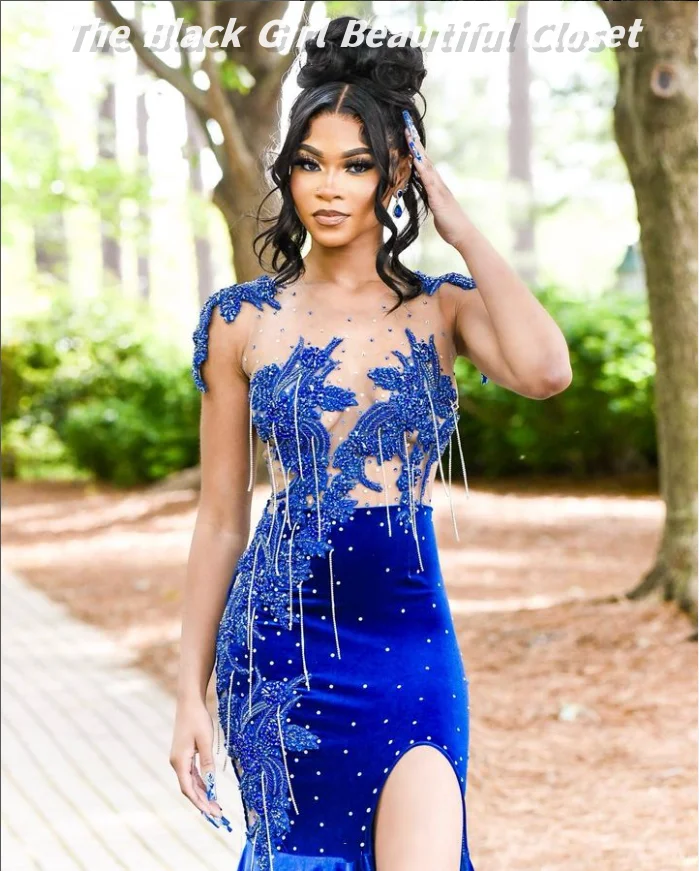 High Luxury Blue Cocktail Dresses 2024 Glitter Pearl Applique Tassel Decoration Party Dresses Black Girls High Slit Dresses