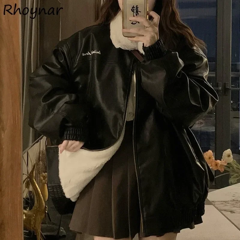 

Jackets Women American Retro Reversible PU Patchwork Tender Thickening Plus Velvet Warm Loose Fit Coats All-match Casual Winter