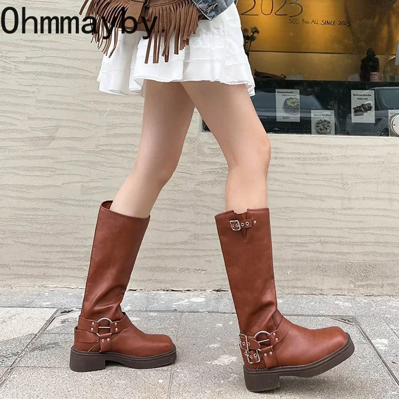 Woman Western Cowgirl Boot Fashion Back Zippers Long Booties Autumn Winter Suqare Low Heel Girl Shoes