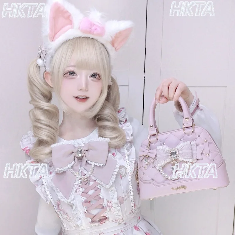 Japanese Mass Produced Rhinestone Pearl Shell Bag Sweet Fashion Lace Bow Lolita Backpacks Subculture Gothic Y2k Black Bag Women