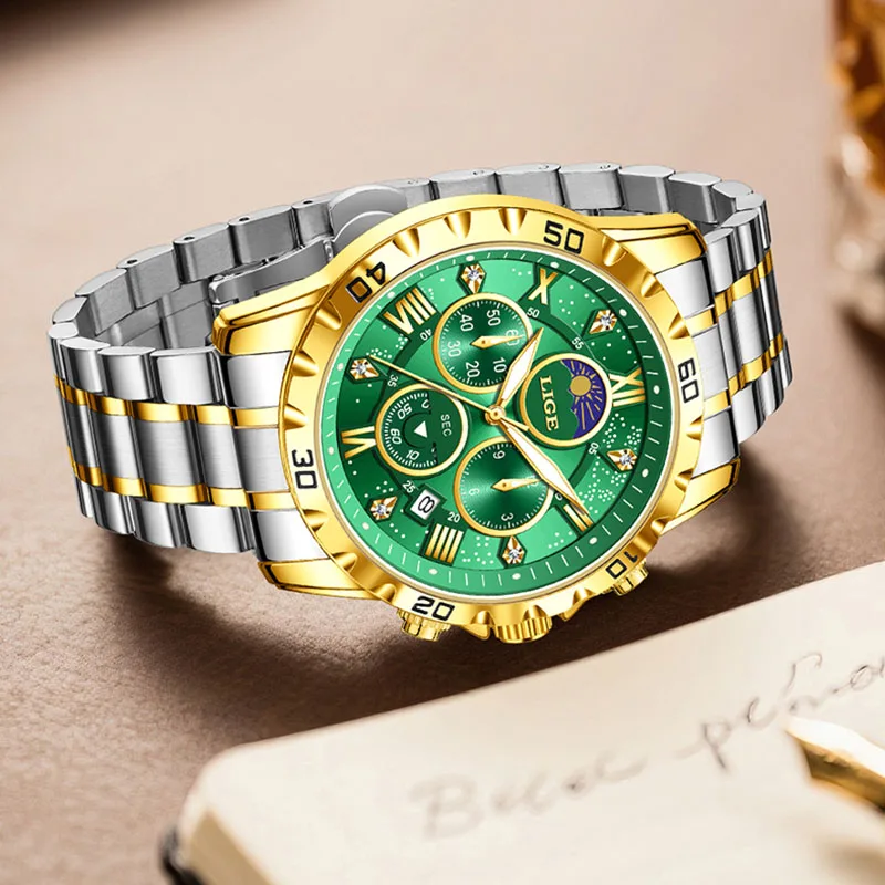 LIGE nouveau 24 heures Phase de lune hommes montre mode affaires montre hommes haut de gamme de luxe lumineux étanche Quartz chronographe mâle