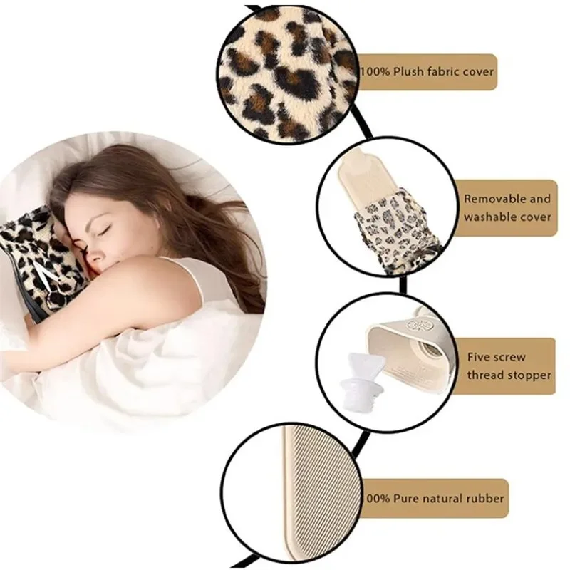 2L Extra Long Hot Water Bottle Faux Fur Removable Cover Leopard Bandage Plush Hand Warmer Hot Water Bag With Cloth Cover Gifts