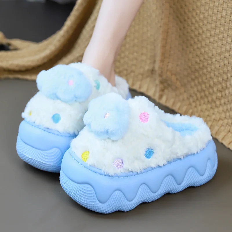 Winter Warm White Cloud Slippers Home Woman High Heels 5cm Thick Bottom Fur Slides Non-slip Ladies Warm Half Wrap Indoor Shoes