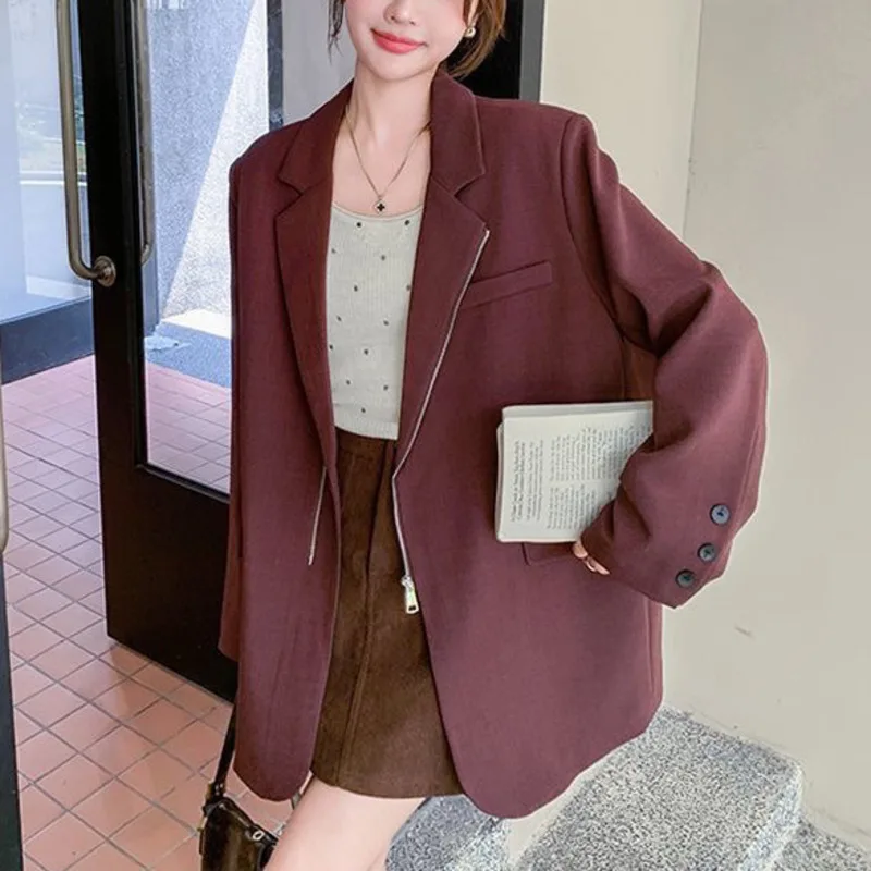 HKSH 가을 새로운 여성 세련된 블레이저 지퍼 포켓 비대칭 디자인 Office 레이디 우아한 기질 패션 캐주얼 코트 HK10693