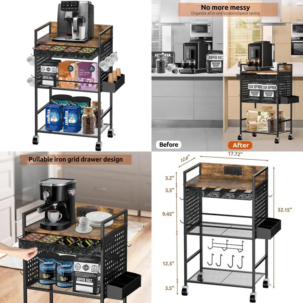 

Компактный шкаф для кофе-бара с розеткой, запираемыми колесами и ящиком для хранения — коричневый и черный в деревенском стиле для офиса, гостиной