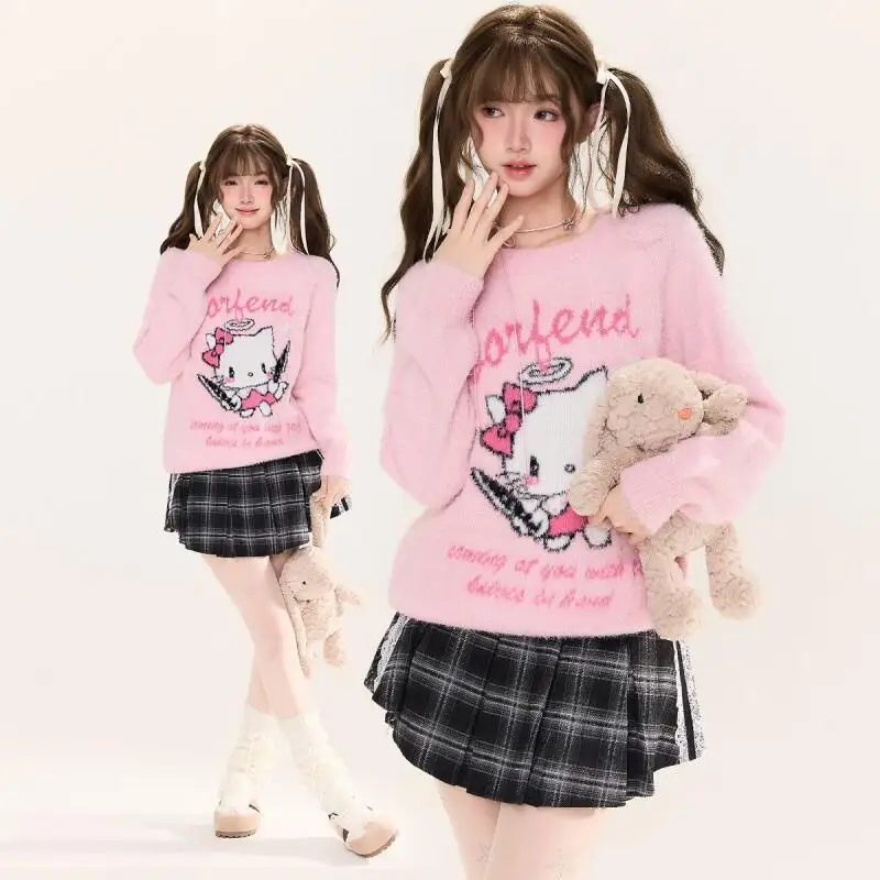 

Sanrio Hello Kitty Gril вязаный топ Kawaii аниме модный повседневный свитер Kitty Cat женский осенне-зимний мягкий и липкий норковый мех