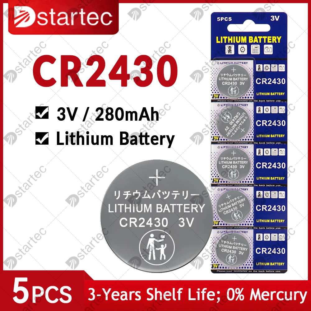 5pcs/pack NEW CR2430 3V Lithium Battery CR 2430 DL2430 BR2430 Button Coin Batteries for Key Fob Watch Alarm Clock Remote Control