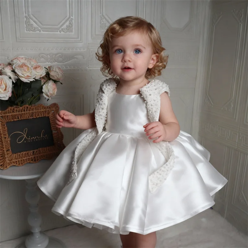 

Kids Princess Satin Bow Beading Flower Girl Dress Children First Communion Dress Ball Gown Wedding Party Dress Birthday Show