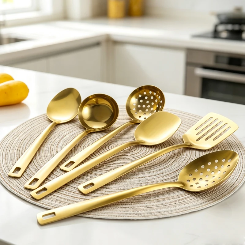 8pcs gold square handle serving utensils, stainless steel public serving spoons and forks, buffet banquet kitchen tableware.