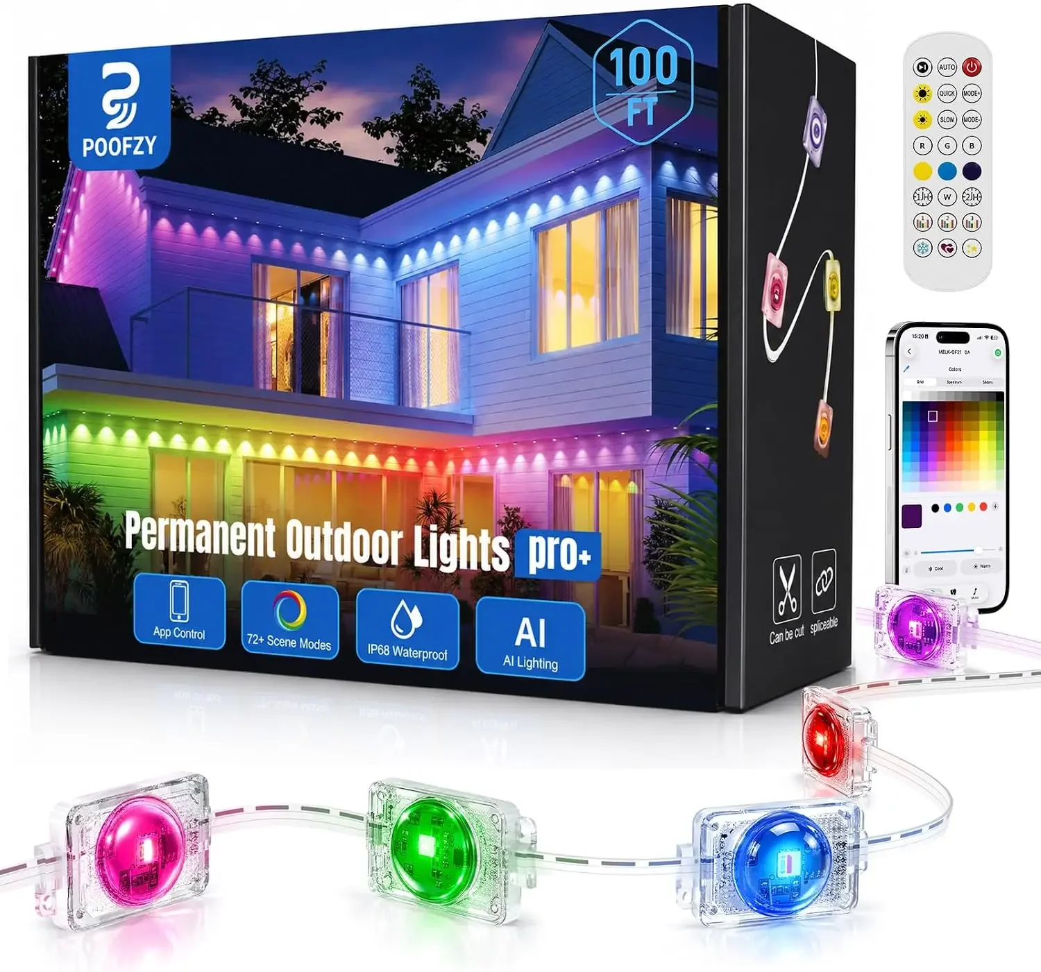 Permanent Outdoor Lights 100FT, RGB+IC Smart Outdoor Lights for House, App & Voice Control, Waterproof Outdoor Eave Lights